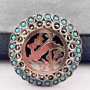 ANTIQUE Coin silver, marcasite, and turquoise glass deer brooch ~ Victorian pin